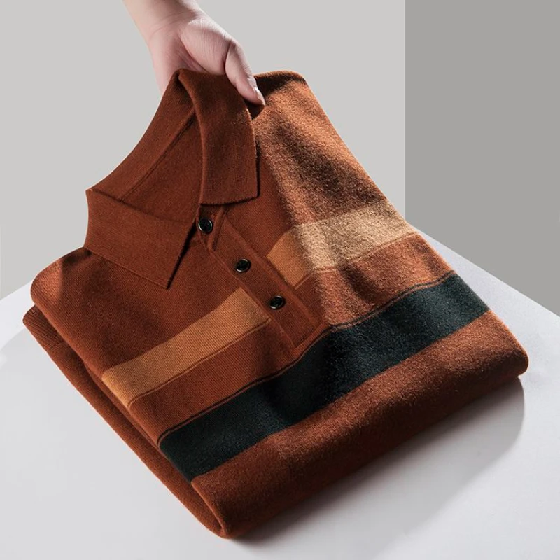 Элегантная мужская полосатая деловая повседневная рубашка ПОЛО теплый