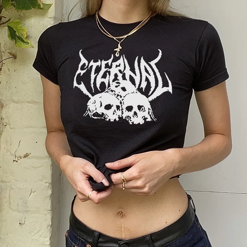 

Женская футболка с коротким рукавом, круглым вырезом и принтом черепа