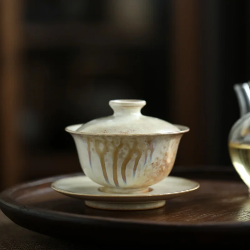 

Цзиндэчжэнь, Gaiwan, неглазурованная ОБЖИМНАЯ печь, меняющая цвет огня, золотая нить, чистый имитационный серый чехол ручной работы, чаша, чай кунг-фу Se