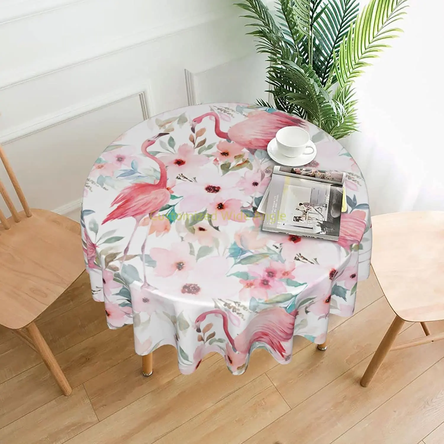 

Watercolor Floral Flamingo Round Tablecloth 60 Inches Waterproof Table Cover Cloth for Dining Room Party Picnic Home Decor