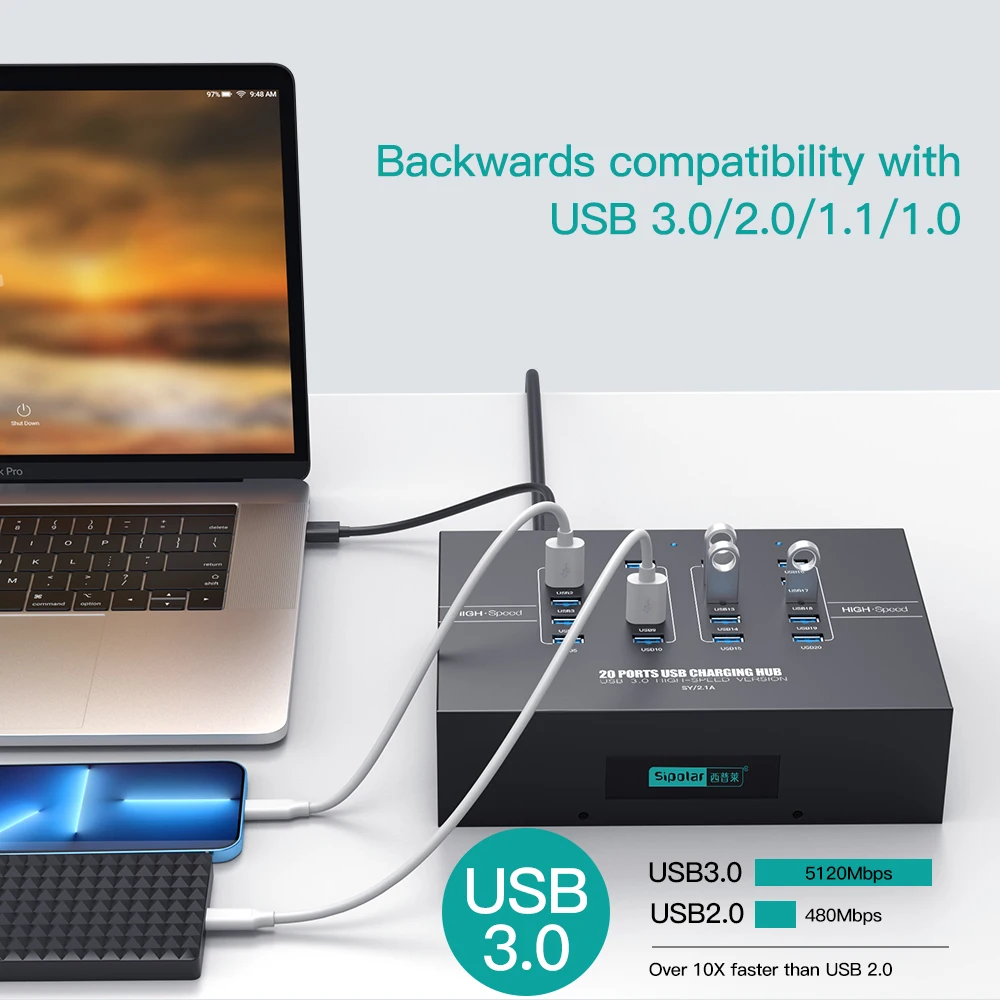 Фото 20-портовый USB 3.0 хаб для зарядки с функциями синхронизации и зарядки, совместимый с Android №2
