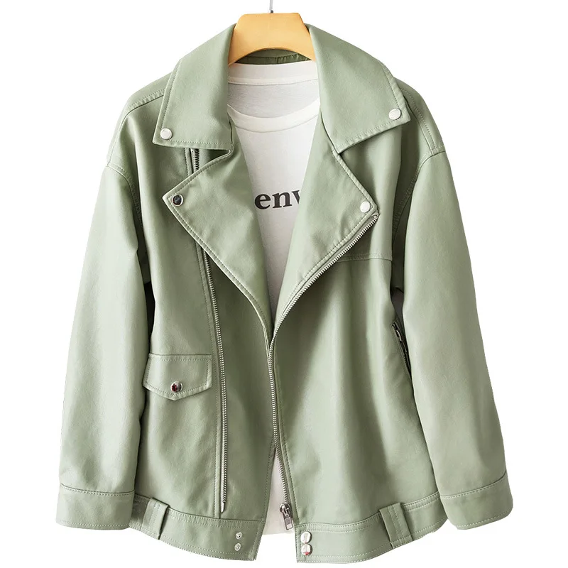 Women's Leather Winter Autumn Loose Women's Leather Jacket Short Coat Bee Green Loose  Pu Faux Leather Biker Zipper Moto Jackets