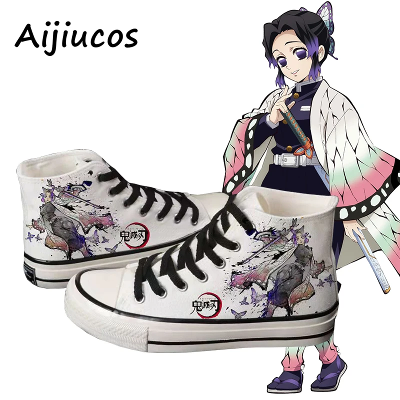 Anime Demon Slayer Kochou Shinobu Tanjirou Nezuko Cosplay Shoes For Unisex White High Top Canvas Boots Hand Drawn Pattern