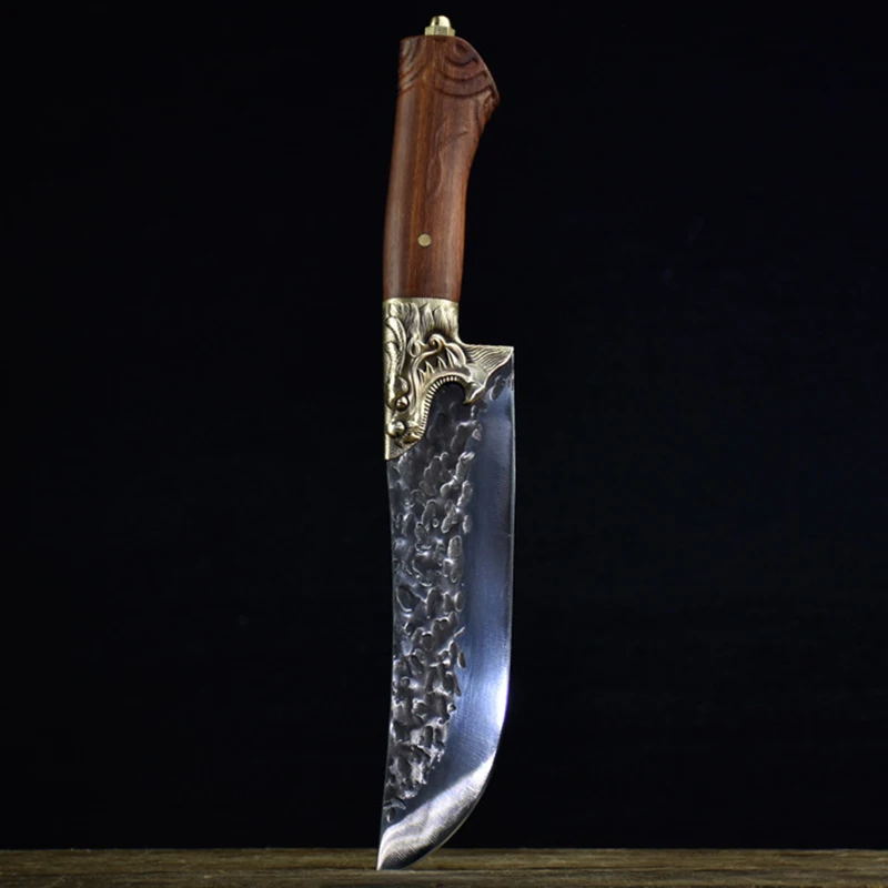 

Longquan Kitchen Knives Handmade Forged Copper Dragon Decor 7.5 Inch Sharp Chef Utility BBQ Cleaver Hunting Knife With Holster
