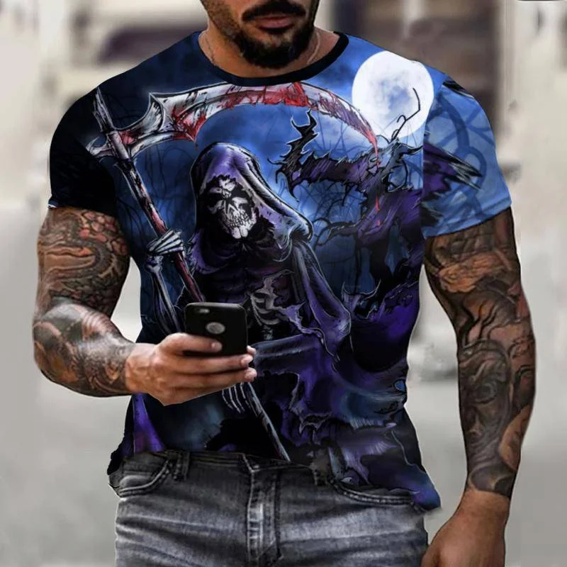 

2022 Reaper Skull Scythe 3D Printed Horror Thriller Image New Summer Men's T-Shirt Short Sleeve Oversized Top O-Neck Men Shirt