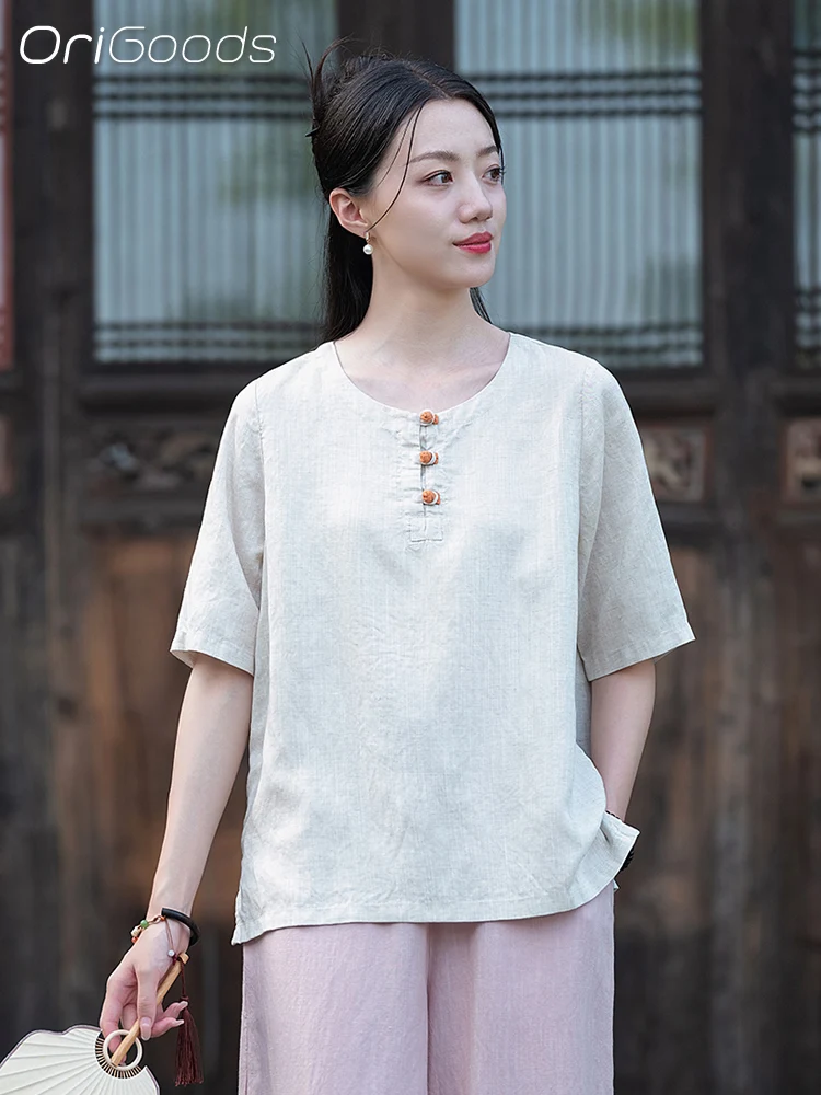 Новинка 2024 летняя Тонкая Блузка OriGoods футболка женские льняные крутые футболки в