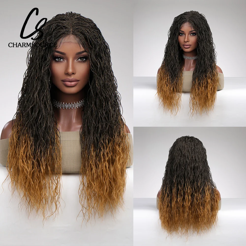 CharmSource Ombre Golden Black Lace Front Wig Synthetic Wig Braided Wigs for Women Cosplay Daily Party Use Hair High Quality