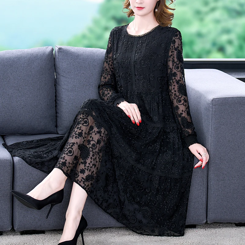 Spring Summer Black Lace Embroidery Hollow Out Sexy Midi Dresses 2022 Women Korean Vintage Hepburn Loose Elegant Party Vestidos