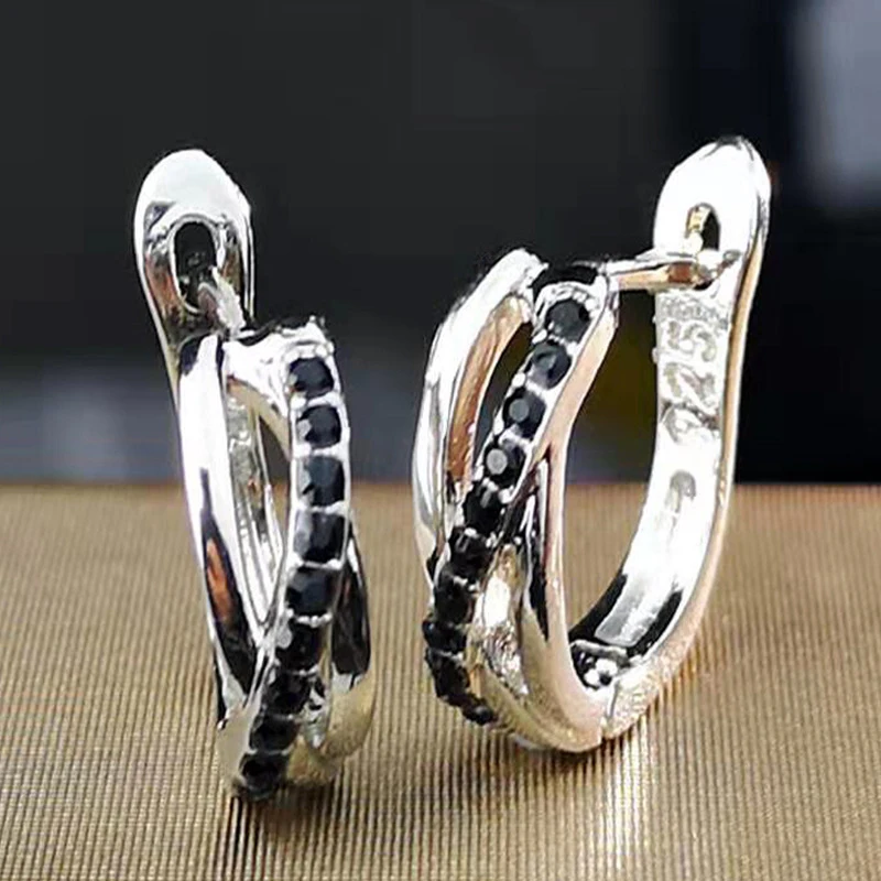 

Fashion Silver Color Plated Hoop Earrings for Women Black Simple Design Statement Wedding Party Jewelry Accessories