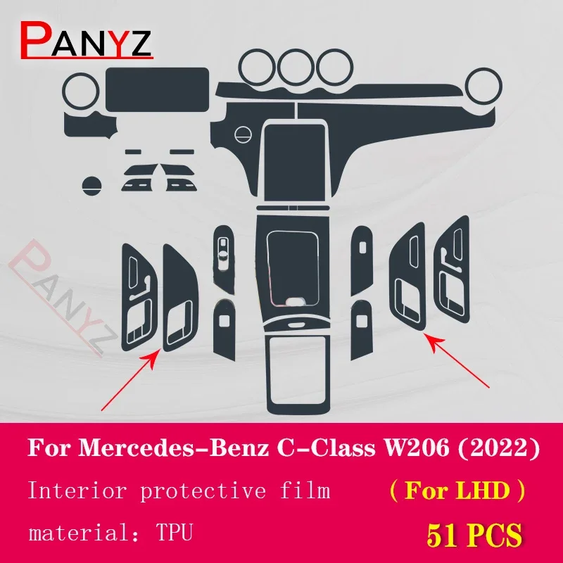Фото Для Mercedes-Benz C-Class W206 2022 салон автомобиля, центральная консоль, прозрачная защитная пленка из ТПУ, ремонтная пленка против царапин, аксессуары №4