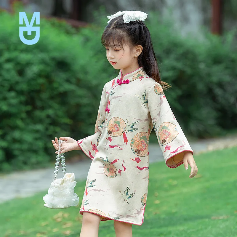 

New 2022Autumn Girl Dress Long-Sleeved Improved Cheongsam Children Teenager Chinese Style Princess Dress