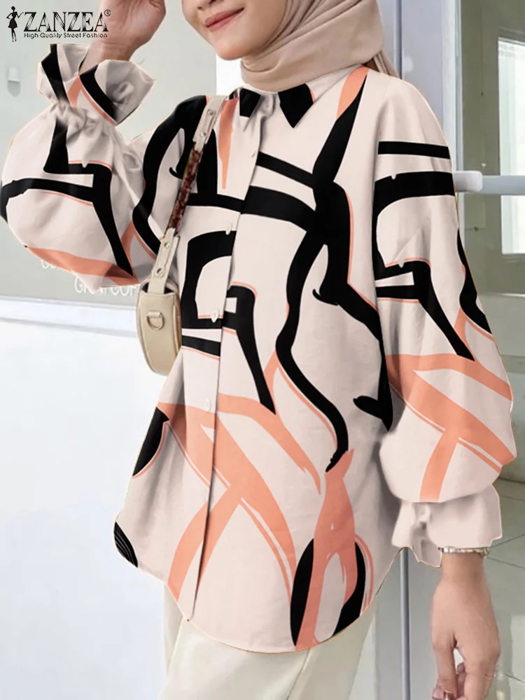 

Осенняя мусульманская блузка с длинным рукавом и принтом ZANZEA, женская модная рубашка, винтажные повседневные топы Дубай, Турция, абайя, свободные рабочие блузы