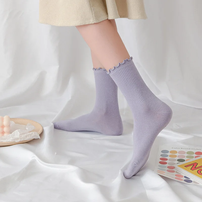 5 Pairs Women Happy Ruffle Frilly Socks Black White Cute Autumn Winter Trendy Socks Solid color Soft Cotton Girl Socks 2020 New