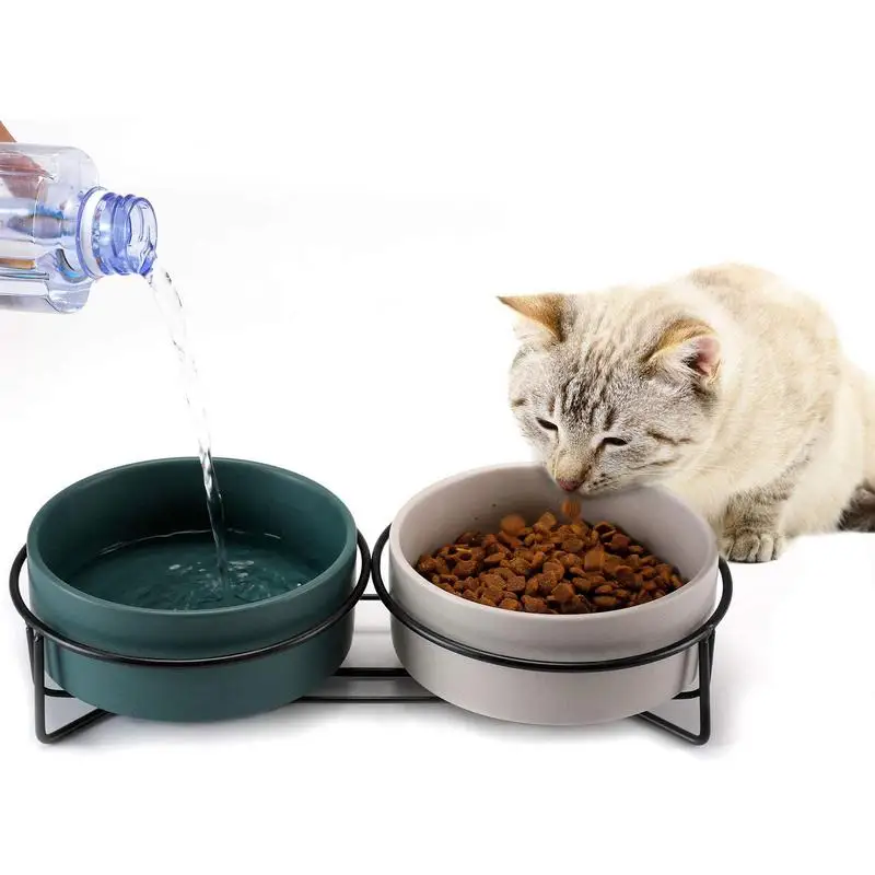 

Cat Bowl Ceramic Cat Dog Food Bowls With Non Slip Metal Stand Easy Cleaning Food Water Set With Double Bowls For Small Medium