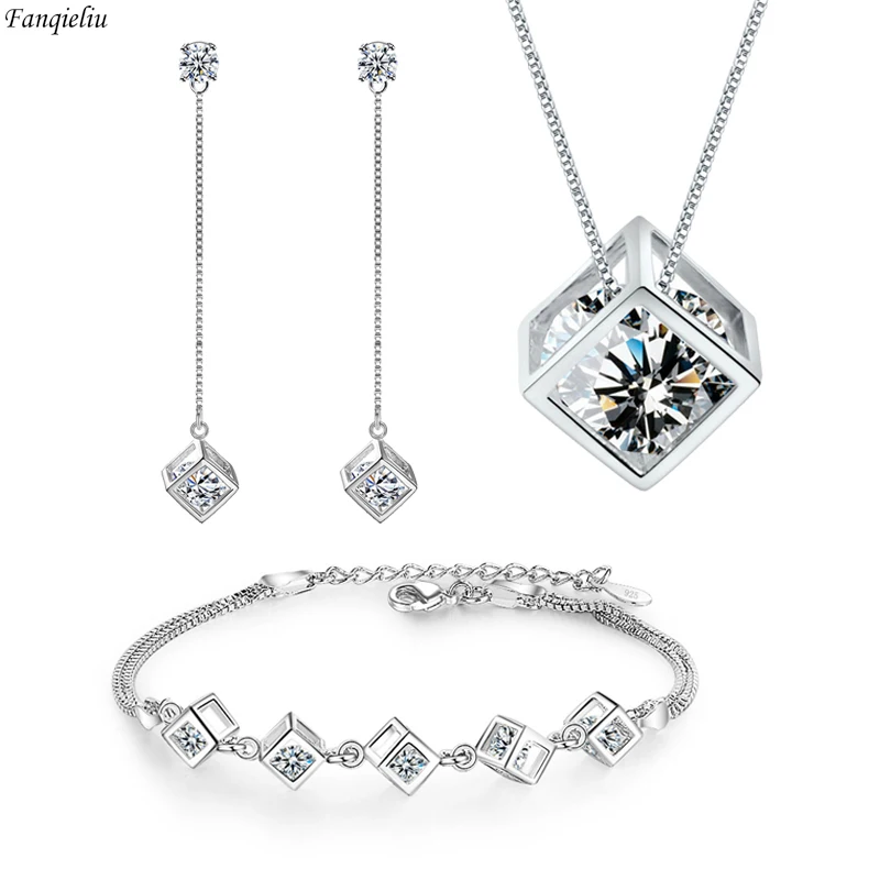 

Fanqieliu 925 Silver Needle Jewelry Sets For Women Crystal Pendant Necklace Charms Bracelet Square Stud Earrings FQL22091