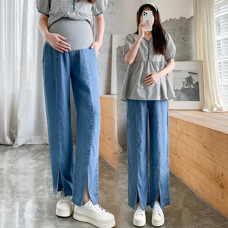 

Summer Thin Denim Maternity Straight Jeans Side Splits Wide Leg Loose Belly Pants Clothes for Pregnant Women Pregnancy Trousers