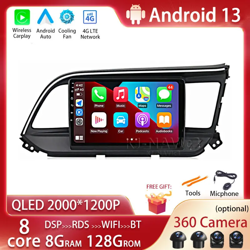 

Автомобильный мультимедийный плеер, 9 дюймов, Android 13, DSP QLED, GPS-навигация для Hyundai Elantra 6 2018 2019 2020, видеоплеер 4G LTE + Wifi BT