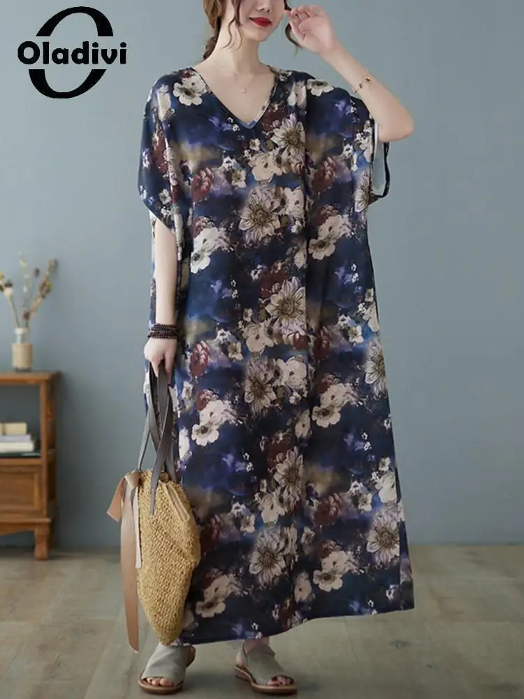 

Oladivi Oversized Cotton Linen Dress for Women Fashion Print Short Sleeve Casual Loose Long Dresses 2022 Summer New Arrival 1585