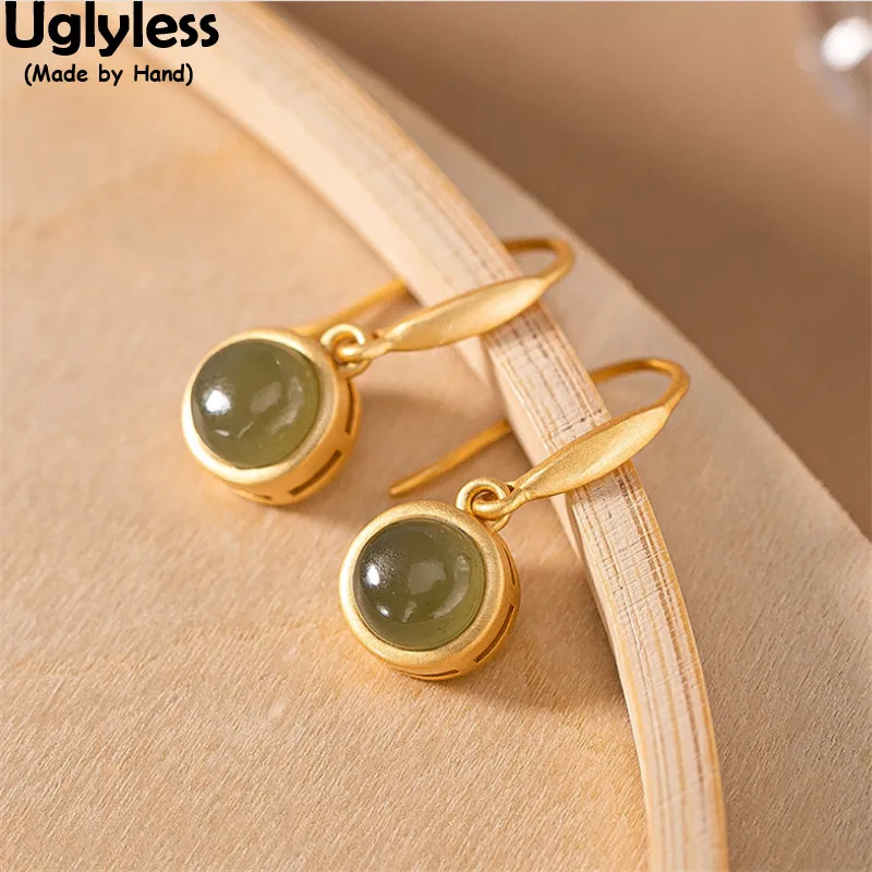 

Uglyless Minimalism Perfect Round Gemstones Dress Earrings for Women Real Gold 925 Silver Brincos Agate Jade Earrings Fashion