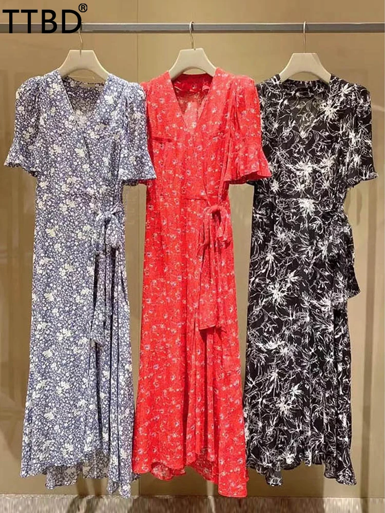 

BM Y2K Summer New Women's V-Neck Short Sleeves Sweet Ruffle Print Midi Dress Women Elegant Lace Up Wrap Dresses