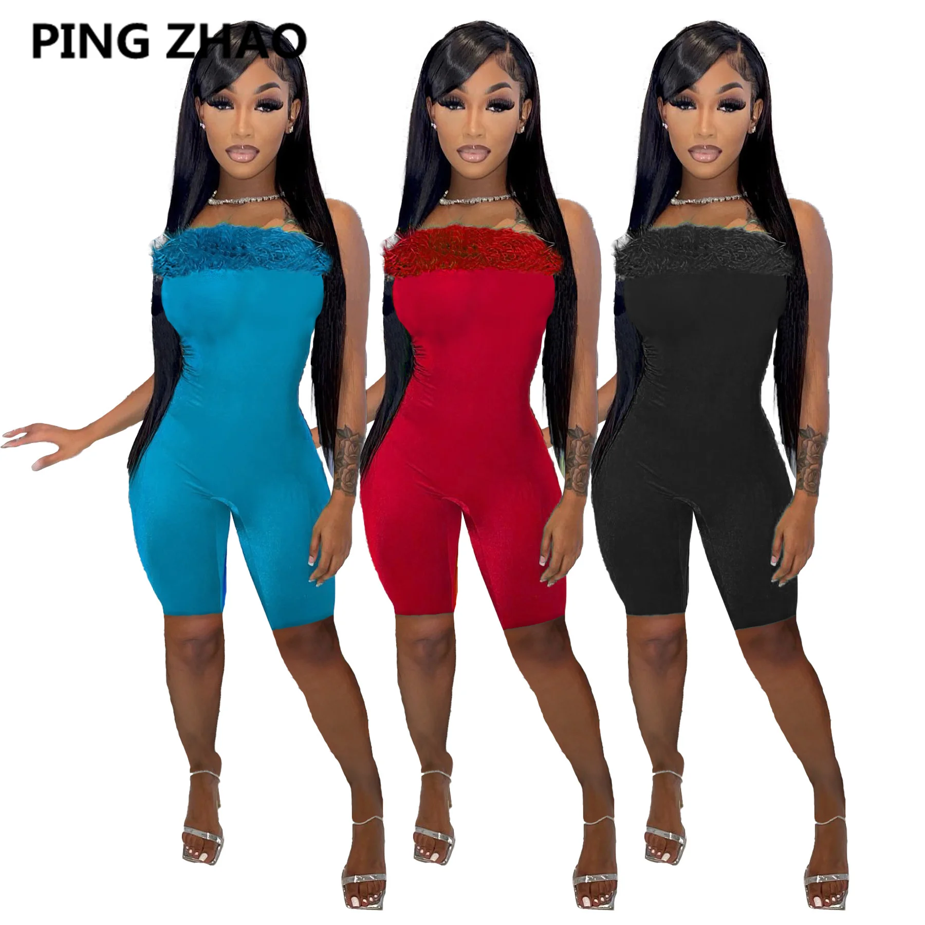 

PING ZHAO Women Feather Neck Strapless High Waist Bodycon Elastic Romper Summer Sleeveless Sport Playsuit Overall