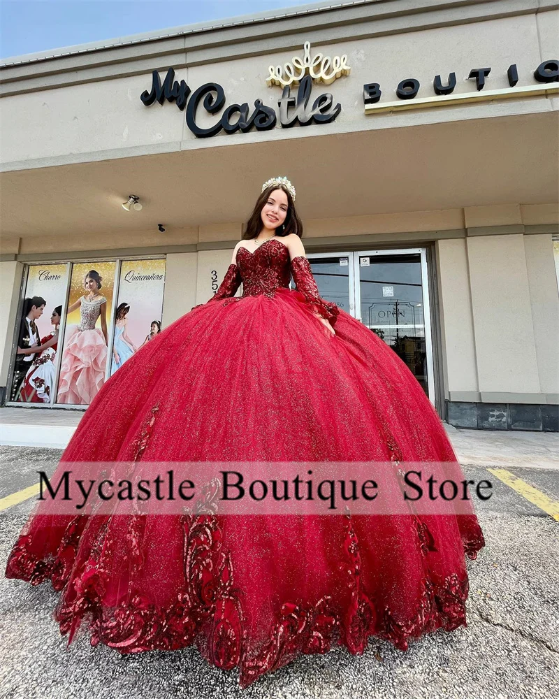 

Красное Кружевное платье Quinceanera с блестками 2023 милое платье принцессы с сердечком и 3D цветами 16 вечернее платье на шнуровке платье 15 лет