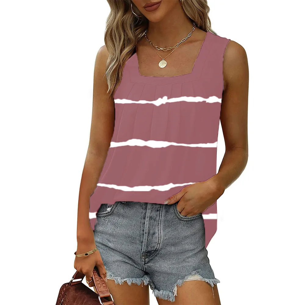 

Women's Pleated Square Neck Striped Print T-shirt Casual Loose Sleeveless T Shirts For Women 2023 Office Ladies Elegant Top 5XL