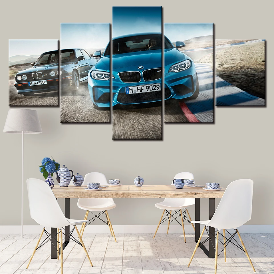 

5 Pieces Canvas Wall Arts Cool BMW M3 Blue Sport Car Poster Painting Living Room Modern Picture Print Bedroom Modular Home Decor