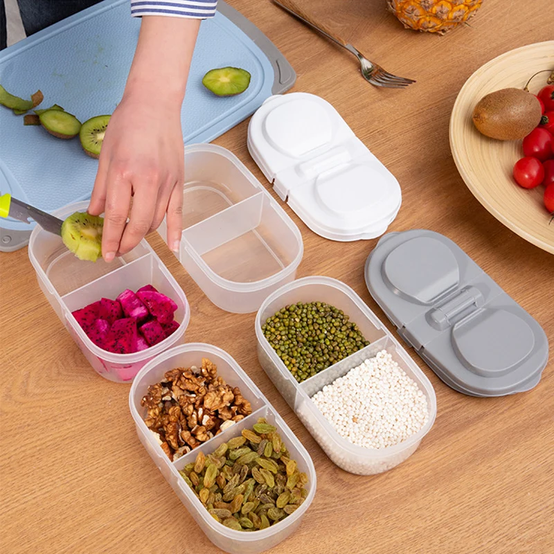 

Double Compartment Covered Kitchen Food Storage Container Kitchen Refrigerator Noodle Box Fruit Nut Grain Storage Jar Sealed Jar