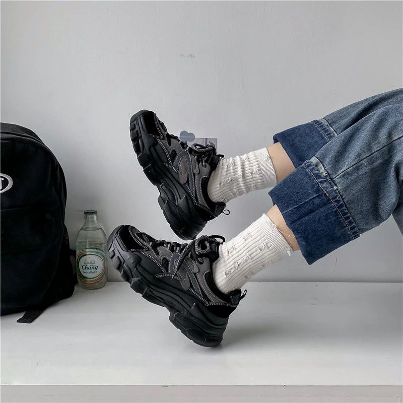 2023 New Spring Women Casual Sneakers Woman Fashion Platform Flats Lace Up Outdoor Walking Shoes Black