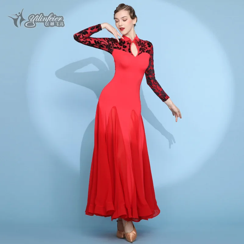 

Vintage Velvet Long Sleeve Dress Red Modern Dance Costume Women National Standard Dancewear For Stage Performance Wear M22058