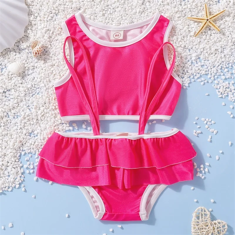 

1-6T Little Girl Rose Red Strap Split 2 Piece Stretch Swimsuit Chic Sweet Sleeveless Crew Neck Bikini Top and Ruffle Bottom Set