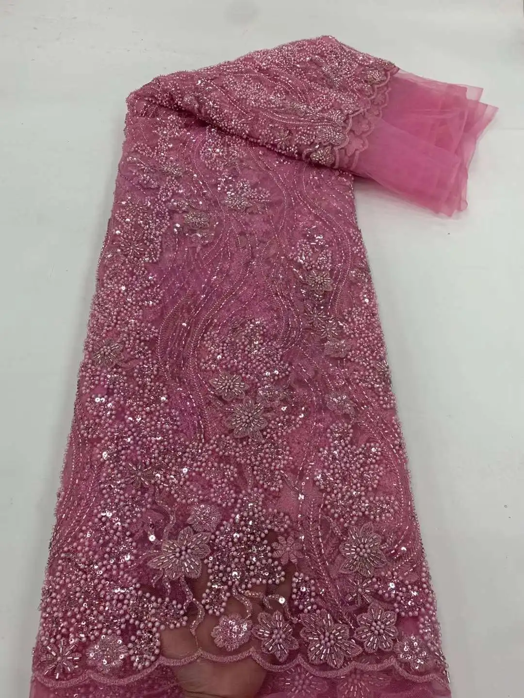 

2022 Women's Tube Beads Lace Sewing Material Luxury 5 Yards Embroidery Sequins French Lace Fabric For Wedding Dress