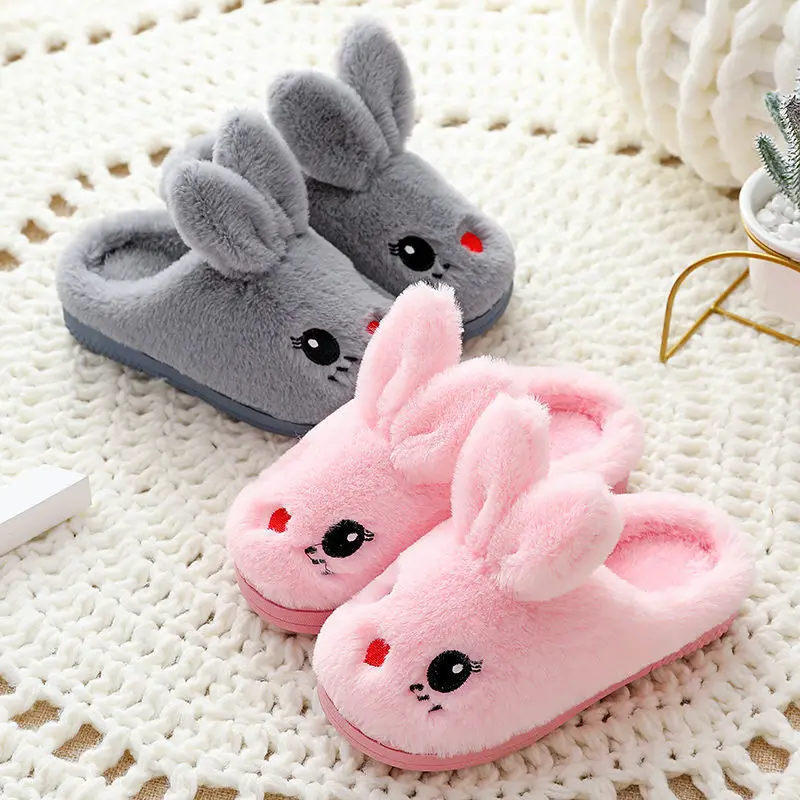 

2022 New Winter Baby Girls Cotton Slippers Children's Cute Rabbit Plush Slippers Boys Home Indoor Shoes Furry Kids Slippers