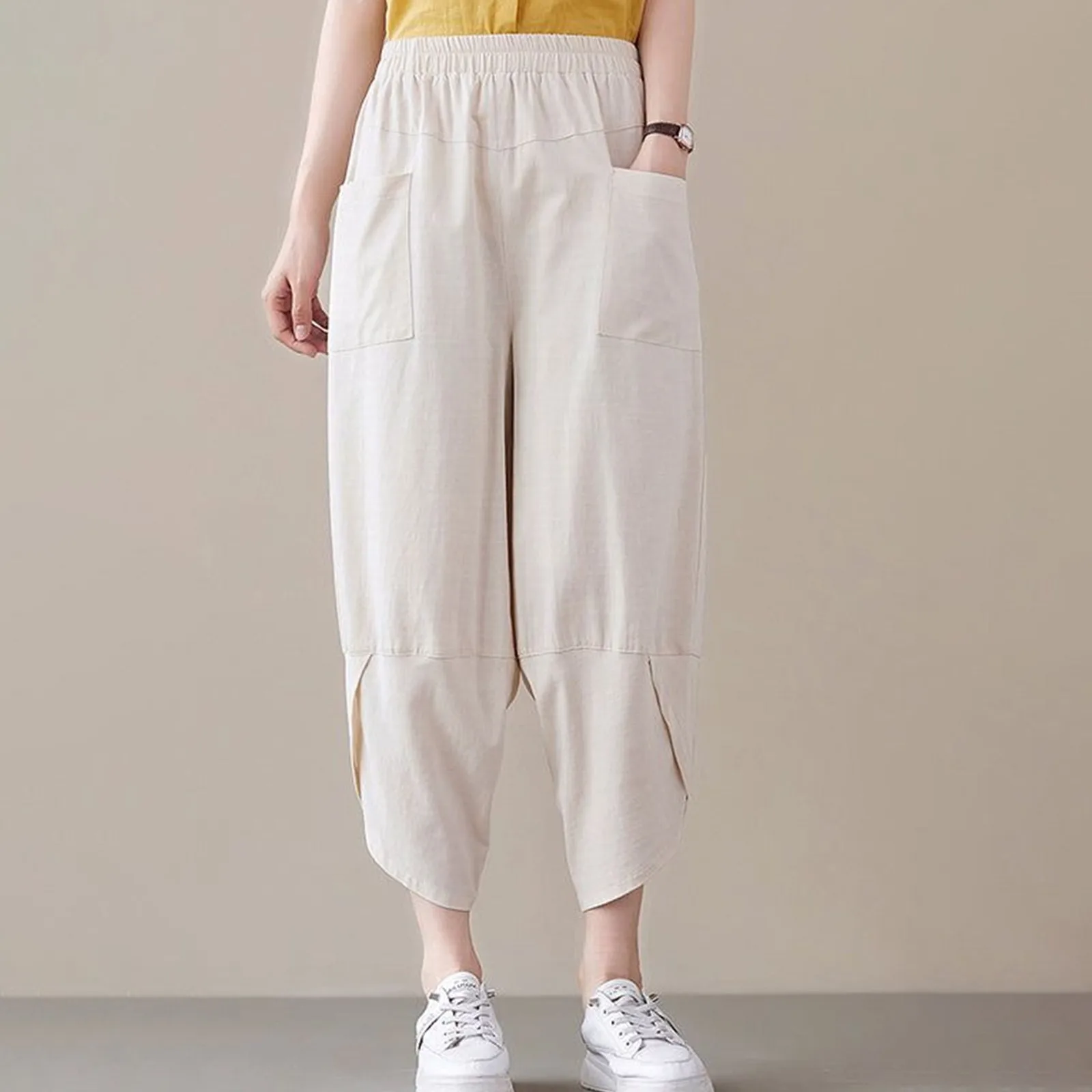 Womens Summer Harem Pants Cotton Linen Solid Elastic Waist Loose Bunched Foot Cropped Pants Female Casual Trousers