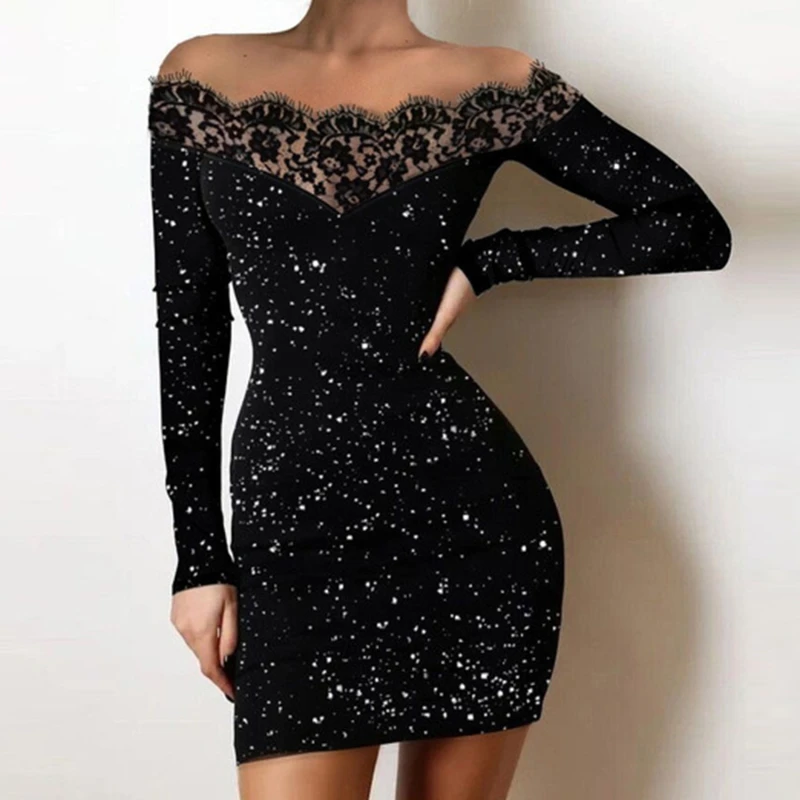 

New Women Lace Bandage Dress Off Shoulder Long Sleeve Sexy Mesh Bling Bodycon Celebrity Party Club Dresses