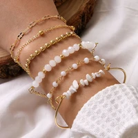 new 2022 hand beaded white rice bead six layer metal geometric alloy chain bracelet set