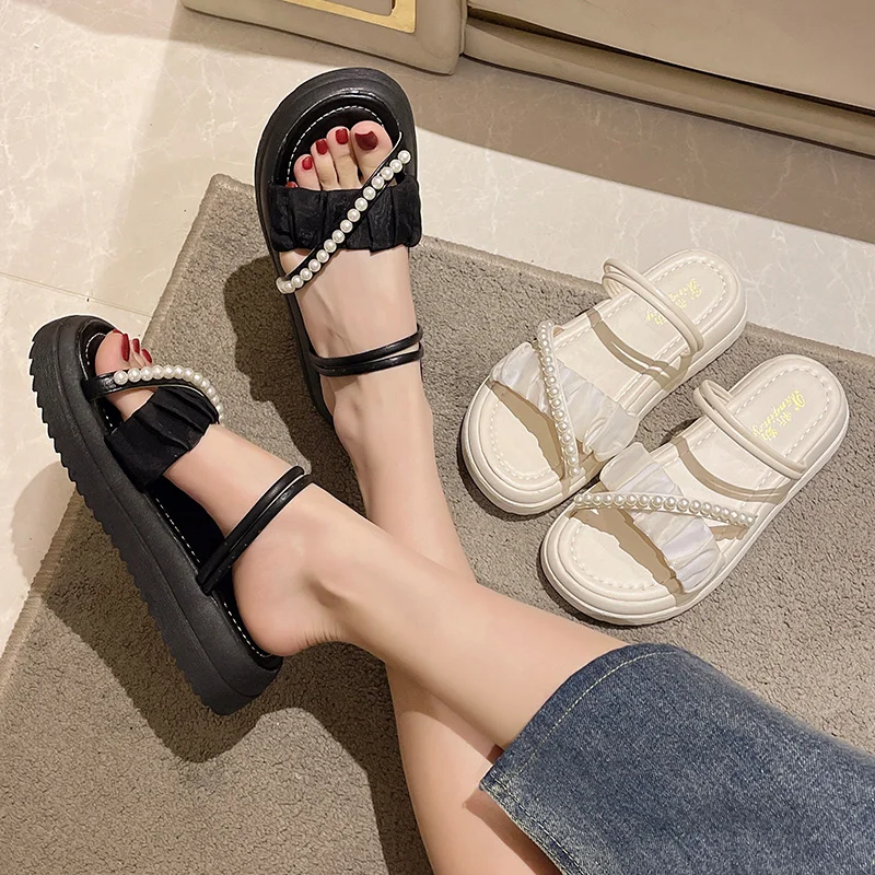 String Bead Shoes Ladies' Slippers Platform Luxury Slides Slipers Women Med Flat Summer Designer 2023 Scandals PU Cross-tied Rub