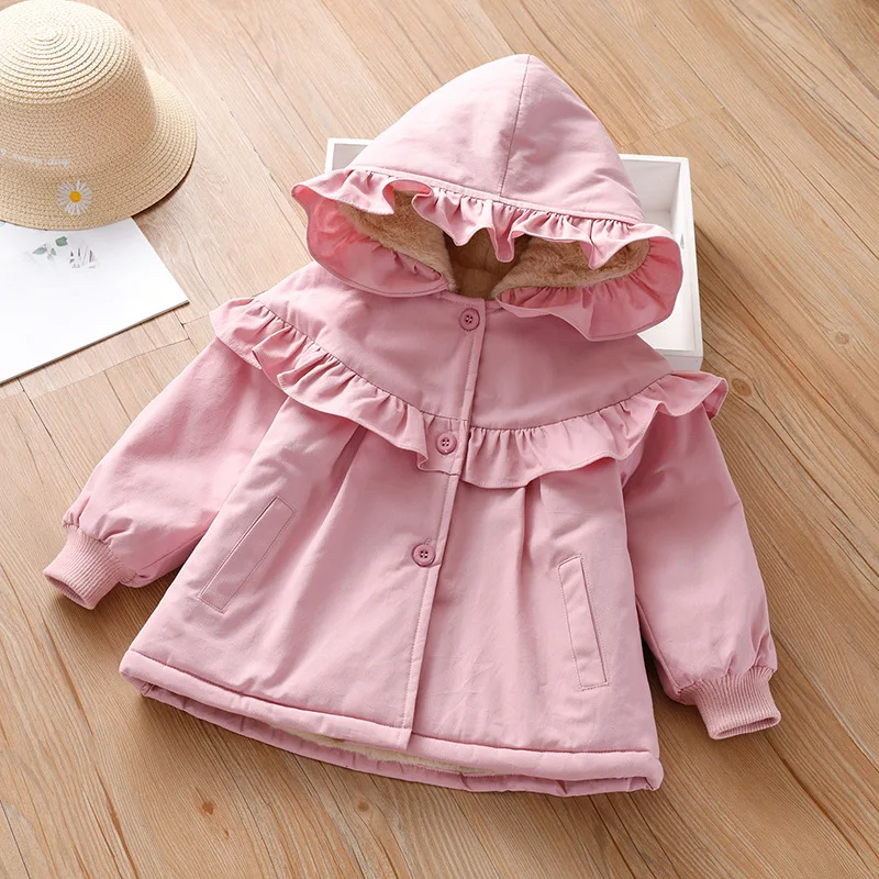 Girls winter clothes plus velvet thick coat 2022 new baby fungus edge hooded quilted jacket children's long-sleeved cotton