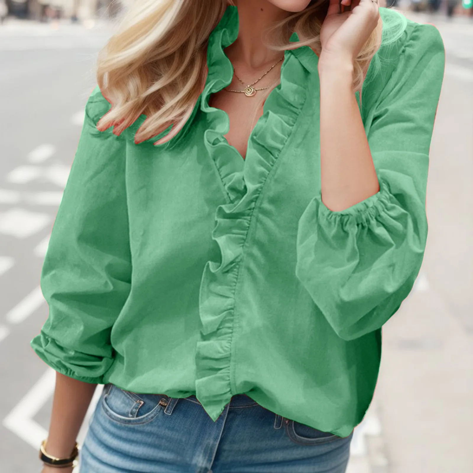 

Green Blouse Women Chiffon Ruffles Solid Loose Fit Womens Tops And Blouses Casual V Neck Lantern Sleeve Plus Size Shirts Tunic
