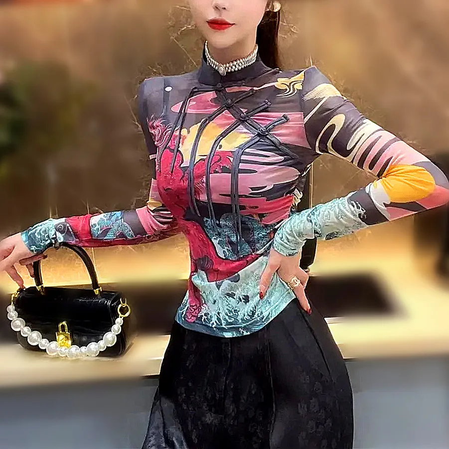 

Модная Новая женская футболка, топы, Женский винтажный китайский узор, цветочный принт, Женская Сетчатая футболка, повседневные короткие топы от солнца, футболки NZ255