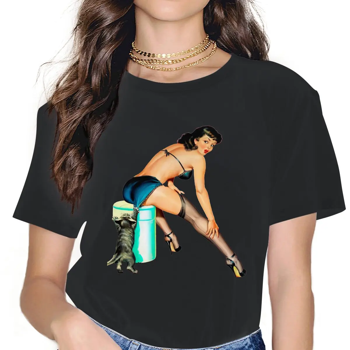 

Cat Female Shirts Pin Up Girl Model Pop Art Loose Vintage Women Top Harajuku Casual Feminine Blusas