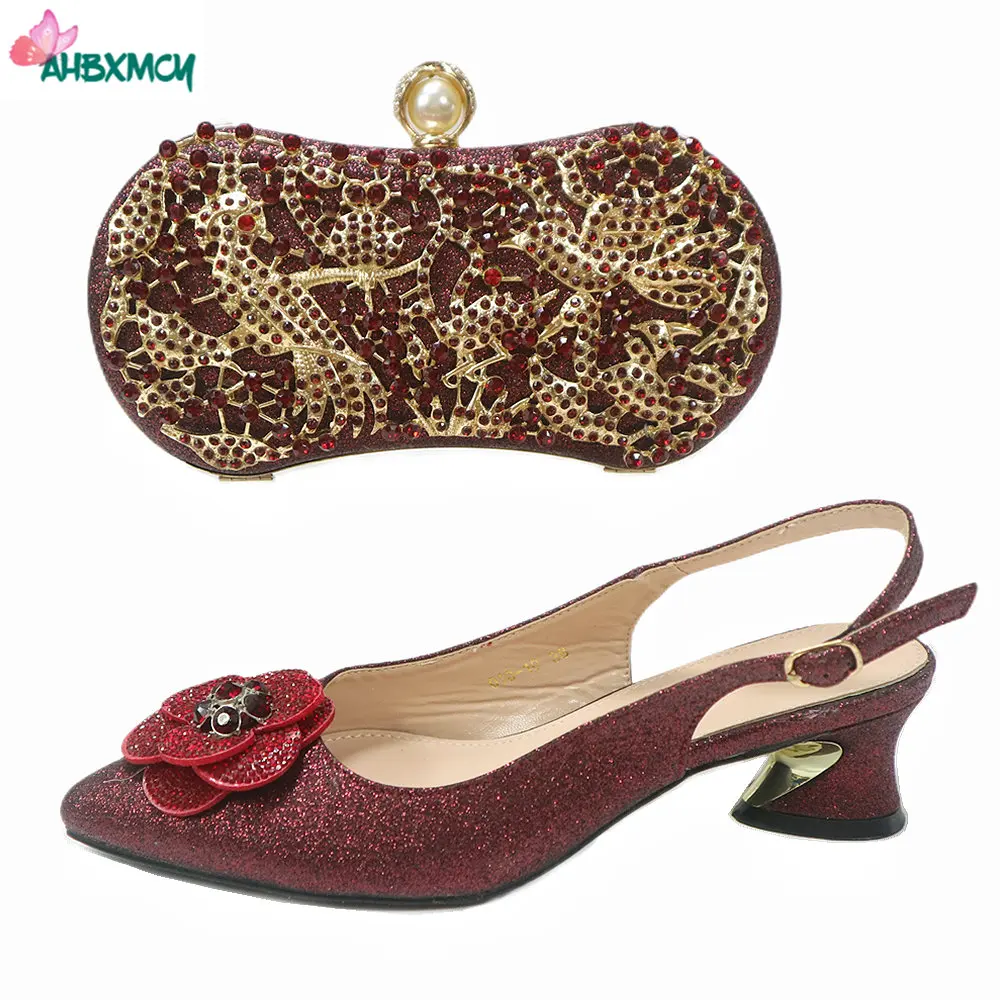 

Wine Color New Coming Specials Design Nigerian Women Shoes and Bag to Match Comfortable Heels Sandals for Garden Party