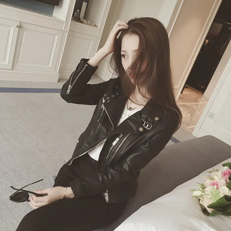 2023 Spring and autumn small leather clothes female short slim-fit coat autumn lapel long sleeve Ke motorcycle suit