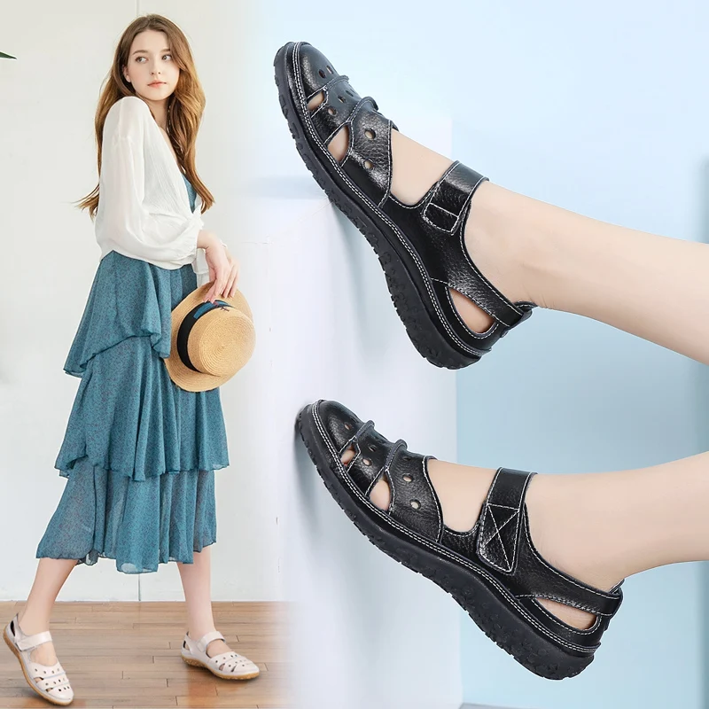 

Women's Sandals Hook Loop Summer Ladies Genuine Leather White Mother Shoes Cool Beach Hollow Soft Plus Size