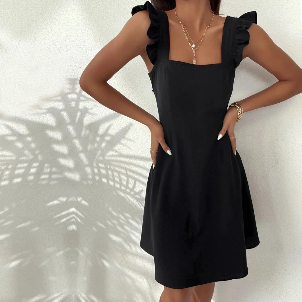 

Women Summer Backless street style suspender cotton short dress Black Tie Back Ruffle Trim Dresses vestidos mujer