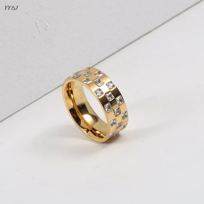 

Synthetic diamond pave checkerboard band rings for women stainless steel waterproof dainty rings no fade gold jewelry summer