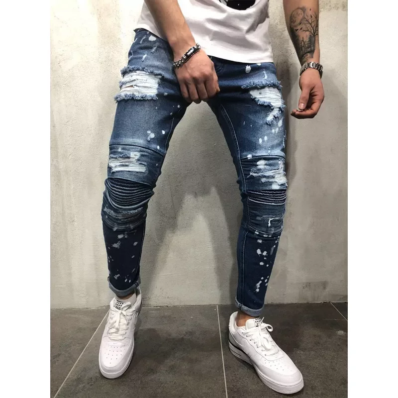 2022New Jeans Stretch Destroyed Ripped Paint point Design Fashion Ankle Zipper Skinny Jeans For Men