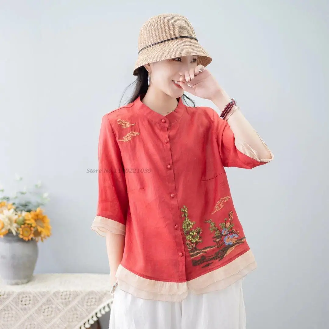 

2022 women vintage blouse chinese cotton linen tang suit traditional flower embroidery qipao blouse lady cheongsam blouse hanfu