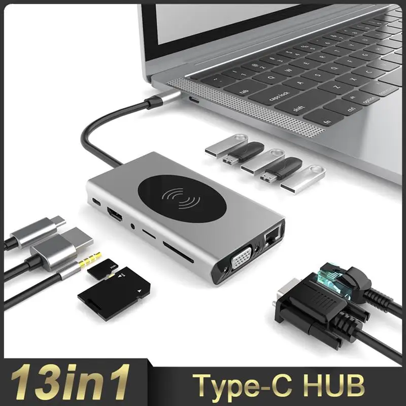 

Адаптер USB Type-C, 13 в 1, 87 Вт, 4K HD, VGA, SD, TF